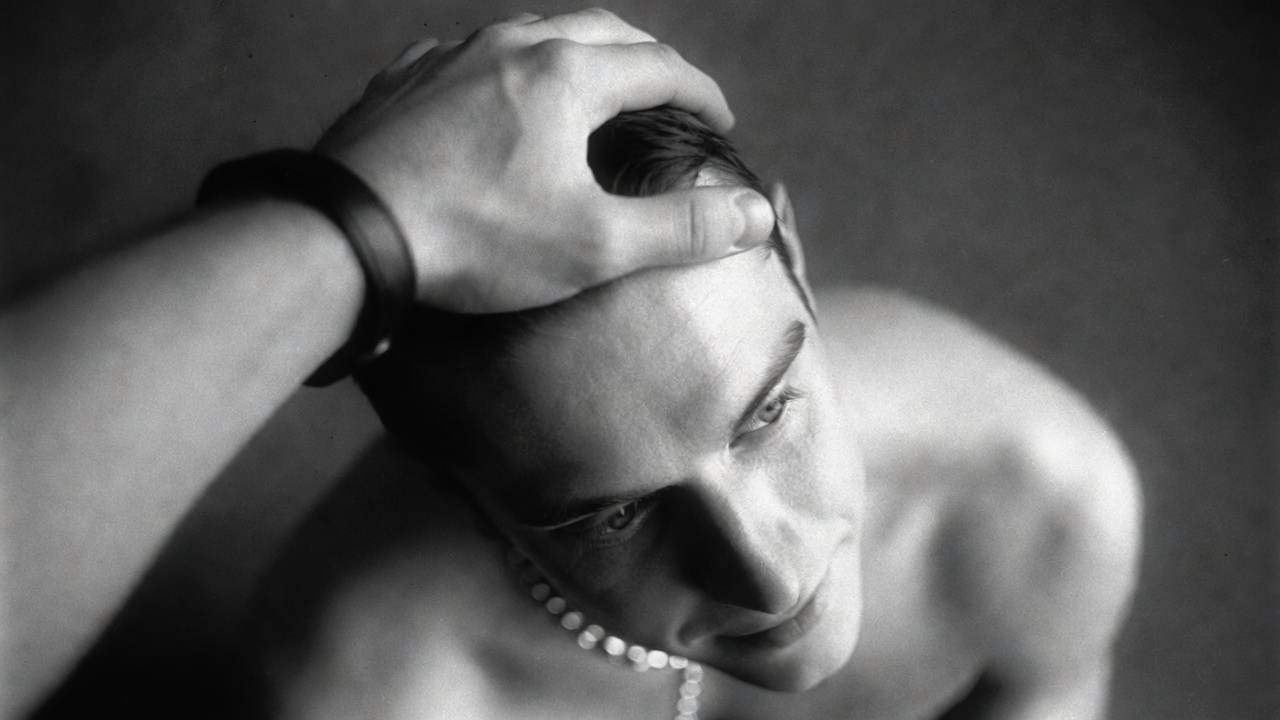 A man kneeling in peaceful submission, a hand resting with quiet ownership on his head — capturing the calm intimacy of Master/slave relationship rituals and structure.